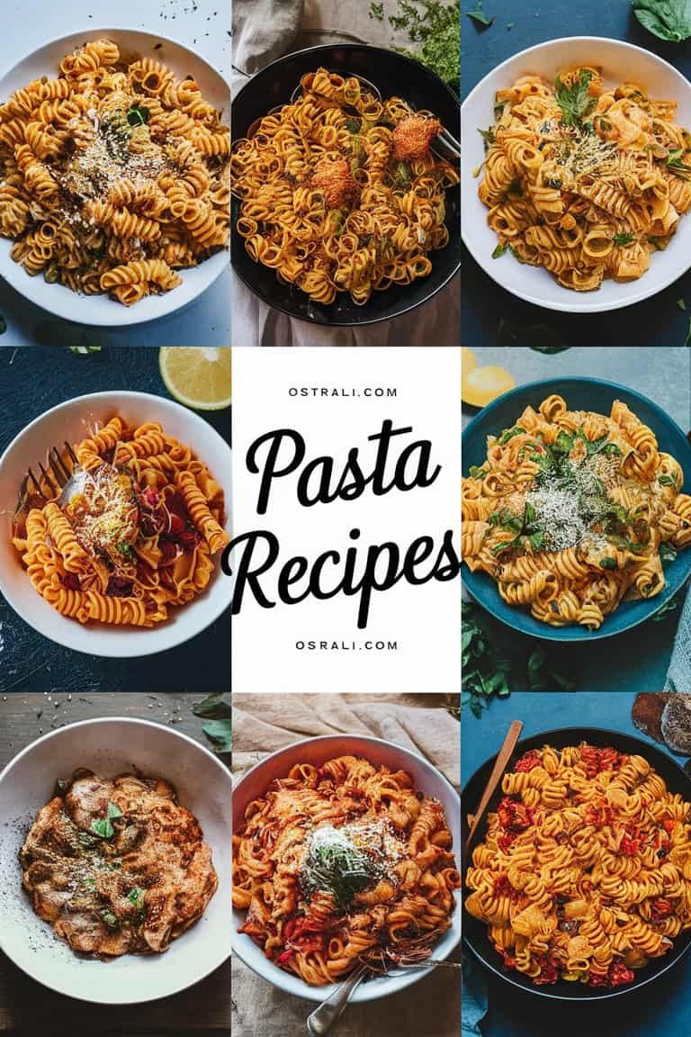 A collage of various delicious pasta dishes served in bowls, featuring a variety of ingredients and styles, with the text "Pasta Recipes" prominently displayed in the center.