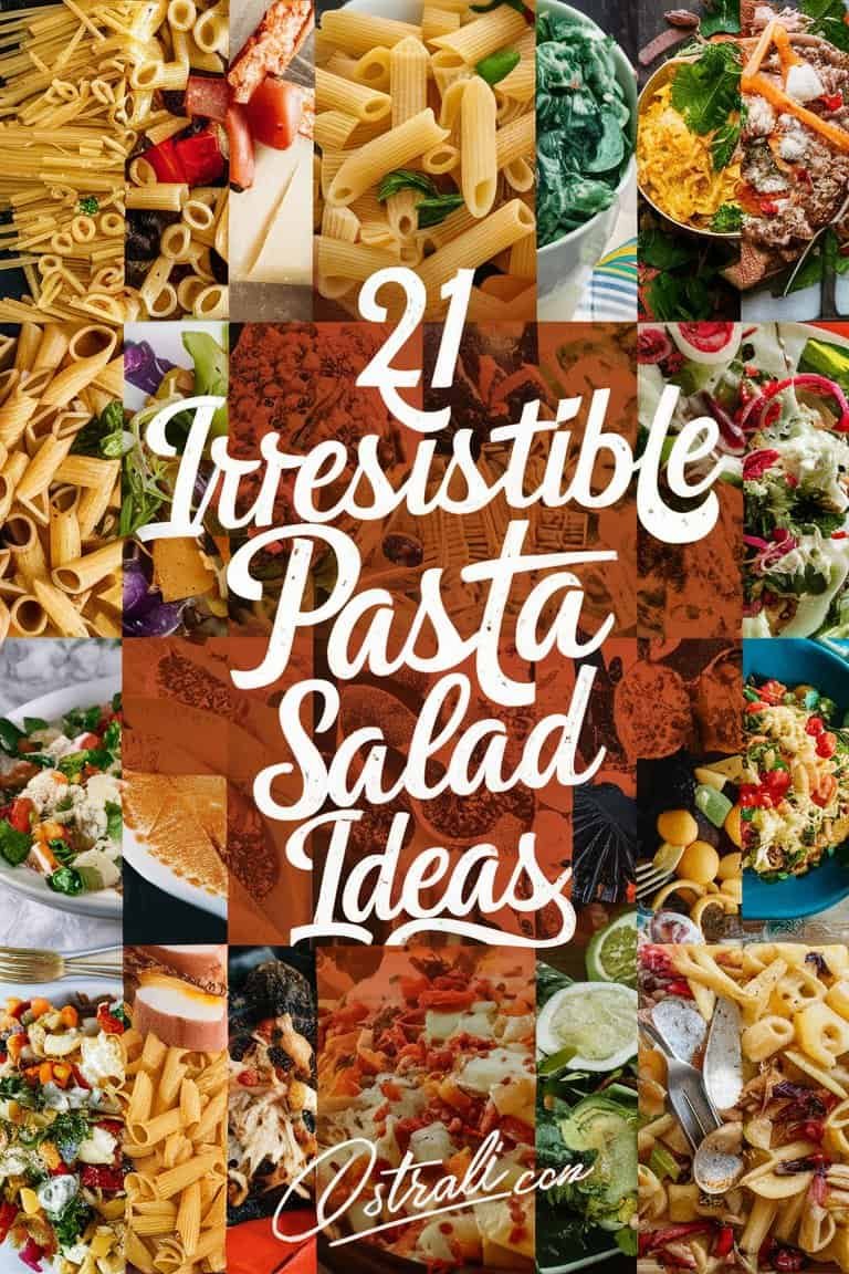 Collage of various pasta salad dishes showcasing 21 irresistible pasta salad ideas, featuring colorful ingredients and appealing presentations.