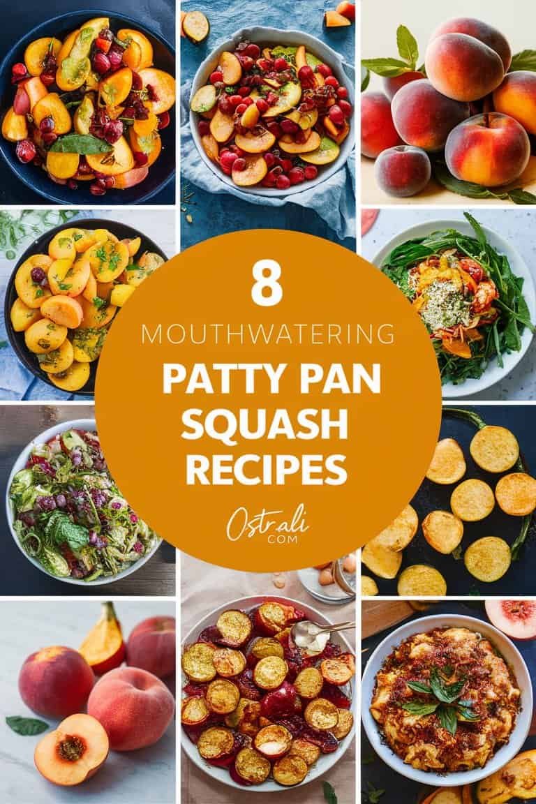 Collage of eight delicious patty pan squash recipes featuring vibrant dishes, including salads and baked preparations, with an orange circle highlighting "8 Mouthwatering Patty Pan Squash Recipes."