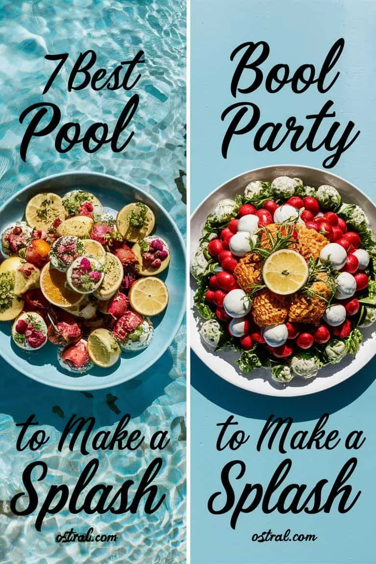 Colorful pool party food ideas featuring a platter of fresh fruit, snacks, and a vibrant salad, perfect for summer gatherings.