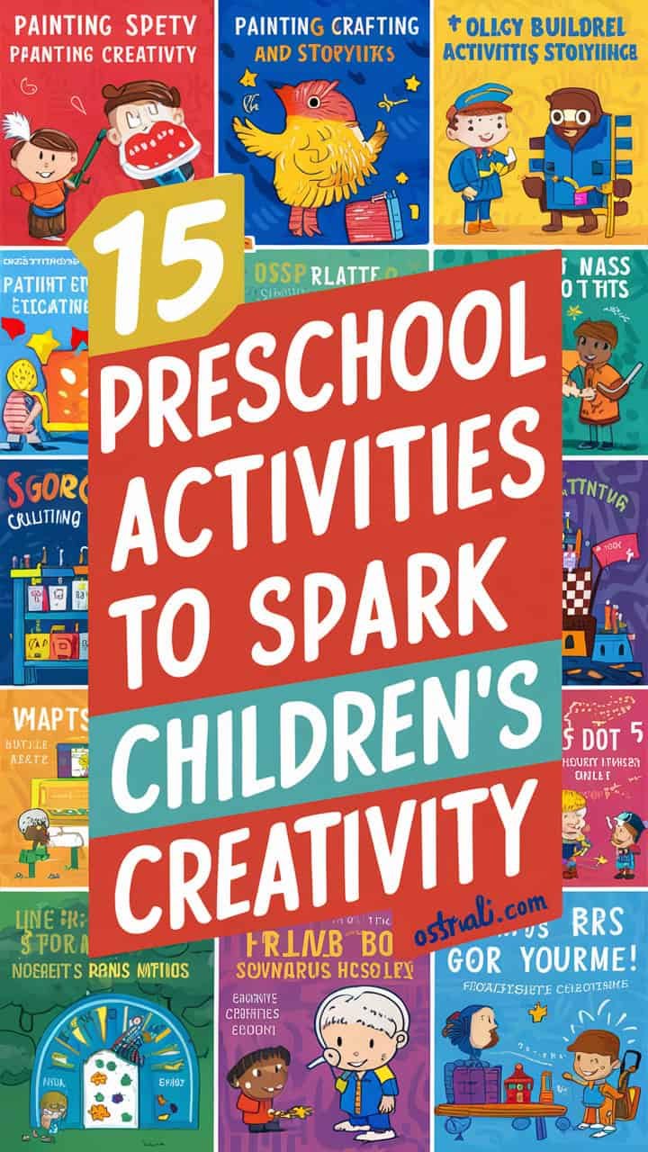 Colorful graphic featuring the title "15 Preschool Activities to Spark Children's Creativity," highlighting engaging and creative activities for young learners.