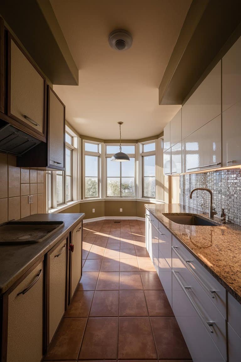 Bright and spacious kitchen with large bay windows, modern cabinetry, and a stylish backsplash, featuring ample natural light and a functional layout.