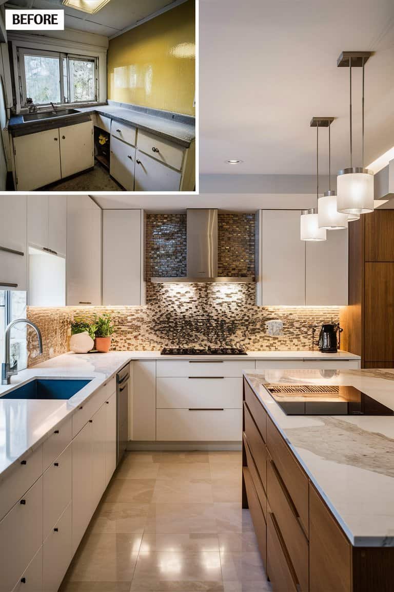 Modern kitchen design featuring white cabinetry, a marble countertop, and stylish pendant lighting. The image showcases a functional layout with a double sink and integrated appliances, emphasizing a blend of elegance and practicality.