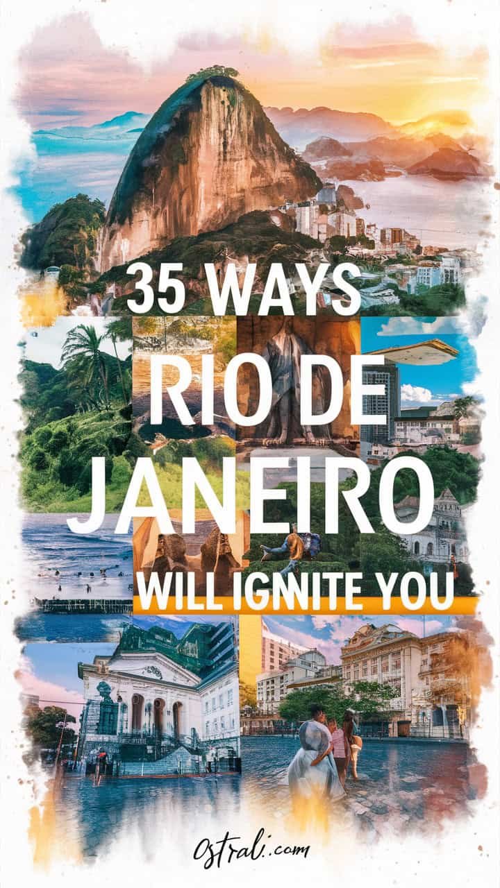 Colorful collage highlighting 35 attractions and experiences in Rio de Janeiro, with the text "35 Ways Rio de Janeiro Will Ignite You" prominently displayed.