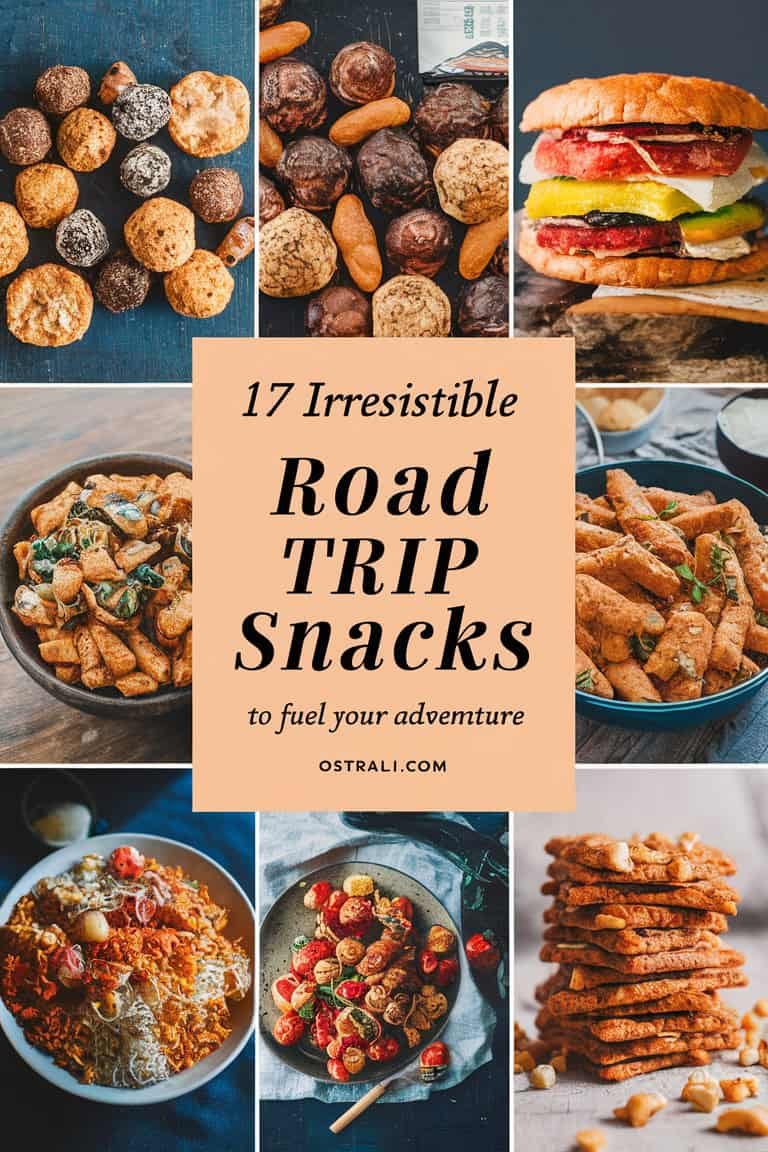 Collage of various delicious snacks suitable for road trips, featuring cookies, savory dishes, and healthy options, with text overlay promoting "17 Irresistible Road Trip Snacks to Fuel Your Adventure."