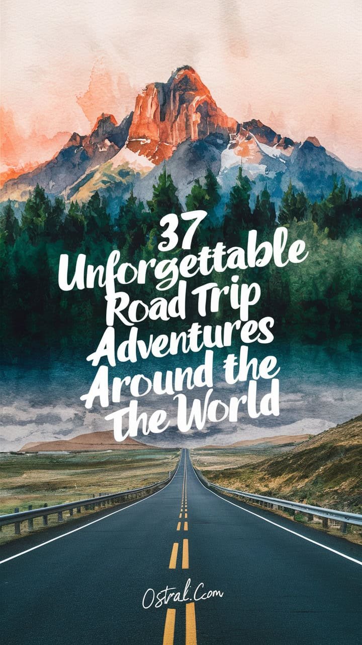 Text overlay on a scenic road leading through mountains, promoting "37 Unforgettable Road Trip Adventures Around the World." Ideal for travel enthusiasts seeking inspiration for their next journey.