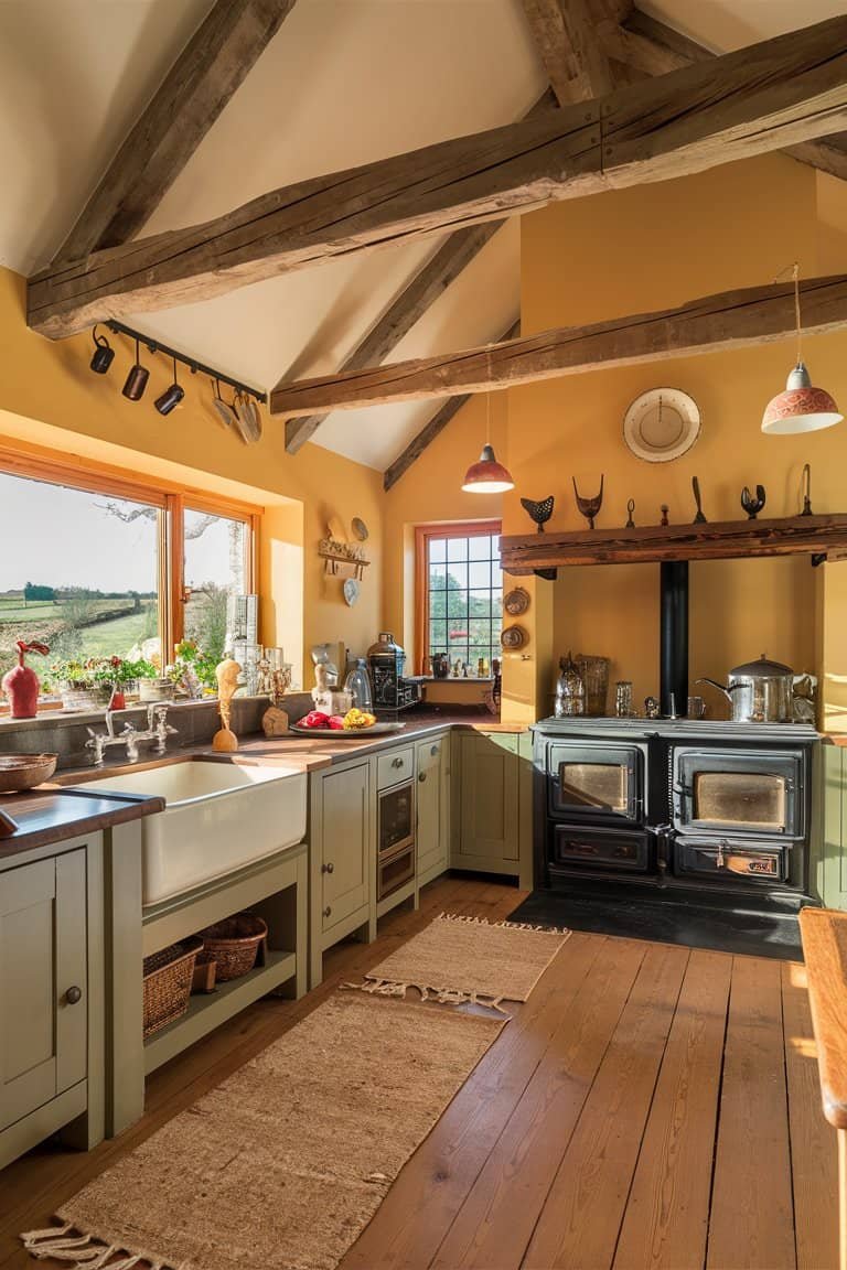 Bright and inviting rustic kitchen with yellow walls, wooden beams, and large windows showcasing a scenic view. Features include a farmhouse sink, wooden cabinetry, and a dual oven range, creating a warm and functional cooking space.