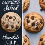 Delicious salted chocolate chip cookies on a baking sheet, showcasing a golden-brown texture and gooey chocolate chips, perfect for dessert lovers.