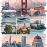 Collage of iconic San Francisco landmarks, featuring the Golden Gate Bridge, Alcatraz Island, and the Transamerica Pyramid, showcasing the city's scenic views and architectural highlights.