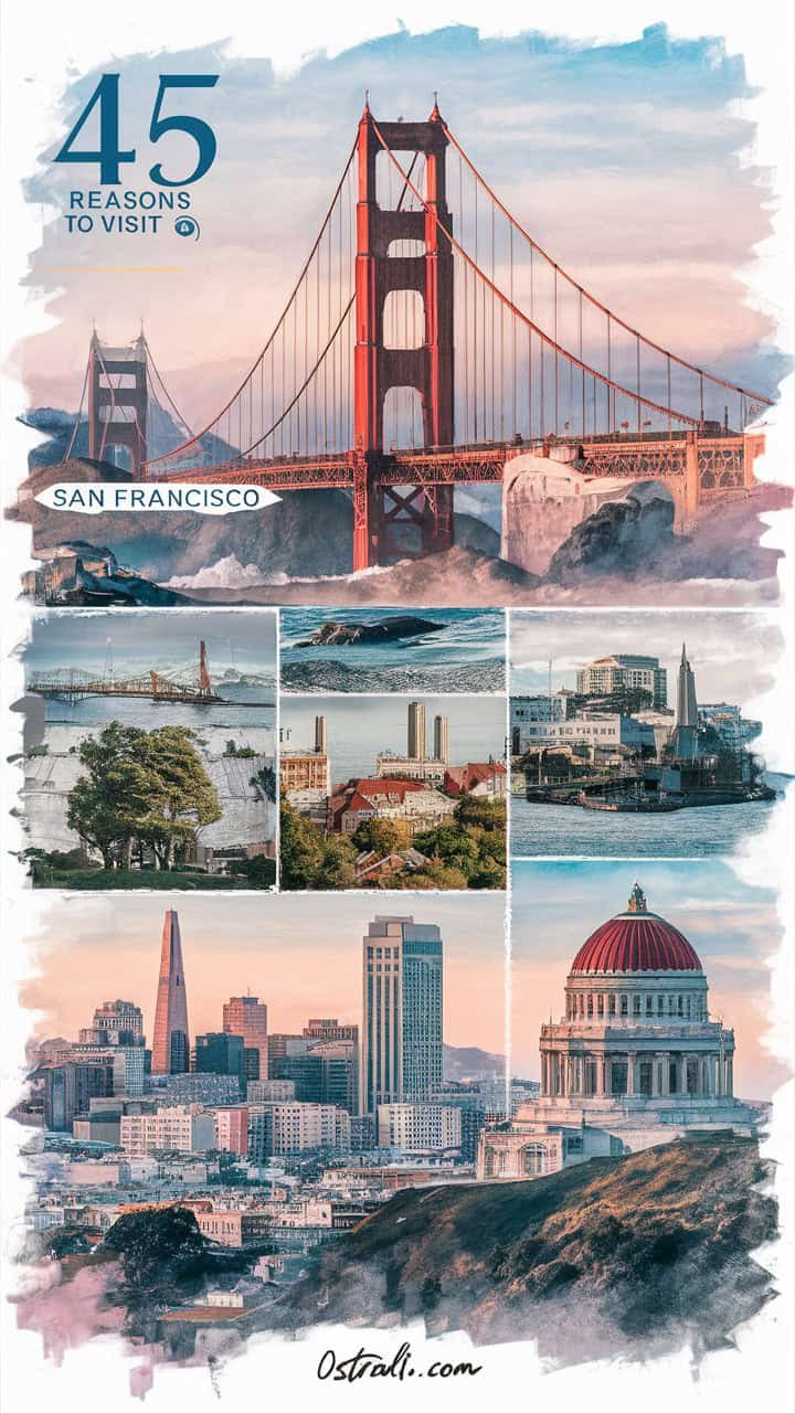 Collage of iconic San Francisco landmarks, featuring the Golden Gate Bridge, Alcatraz Island, and the Transamerica Pyramid, showcasing the city's scenic views and architectural highlights.