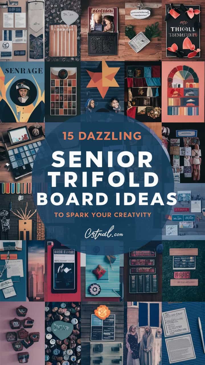 Colorful collage showcasing 15 creative senior trifold board ideas to inspire students and spark creativity, featuring various design elements and layouts.