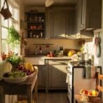 Cozy kitchen interior with wooden cabinets, fresh fruits on a table, and sunlight streaming through the window, creating a warm atmosphere.