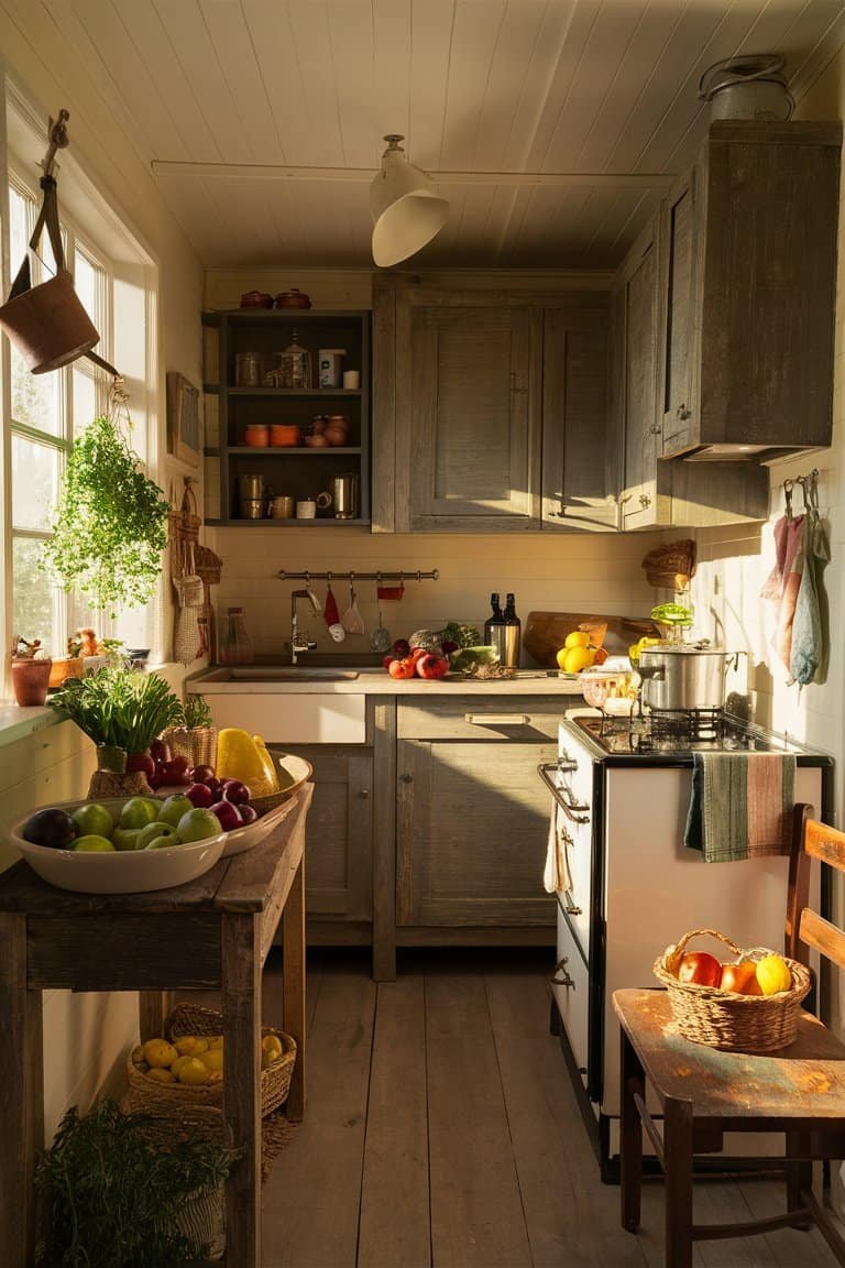 Cozy kitchen interior with wooden cabinets, fresh fruits on a table, and sunlight streaming through the window, creating a warm atmosphere.