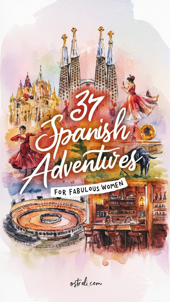 Colorful graphic promoting "37 Spanish Adventures for Fabulous Women," featuring iconic Spanish landmarks, dancers in traditional attire, and cultural elements like a bull and a flamenco dancer.