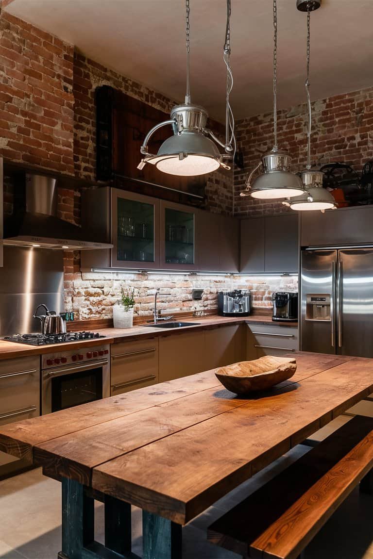 Modern kitchen interior featuring exposed brick walls, stainless steel appliances, and a large wooden dining table with a decorative bowl. Bright pendant lighting enhances the contemporary design.