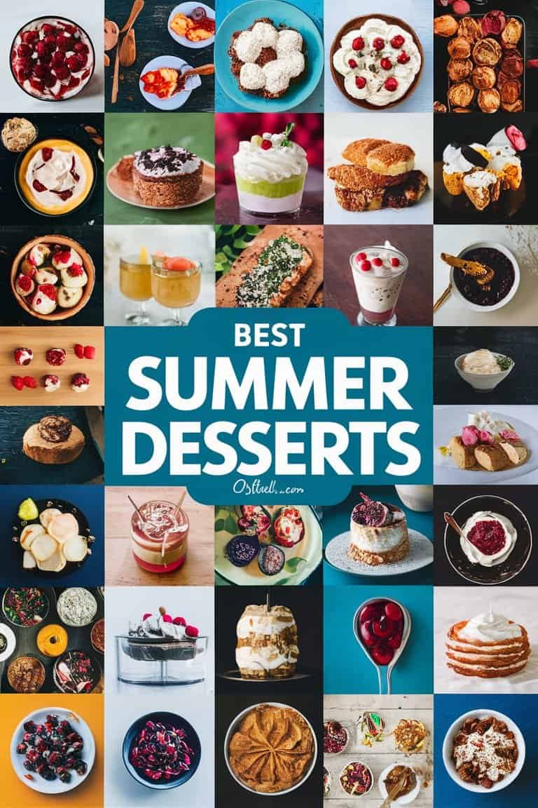 A colorful collage of various summer desserts, including cakes, ice creams, and fruit-based treats, showcasing the best summer desserts with the text "Best Summer Desserts" prominently featured in the center.