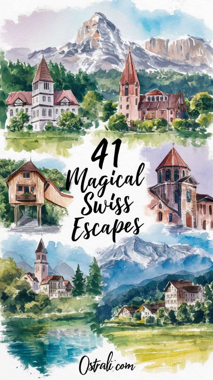 Collage of picturesque Swiss landscapes and charming accommodations featuring the title "41 Magical Swiss Escapes," showcasing beautiful architecture and scenic mountains, ideal for travel inspiration.