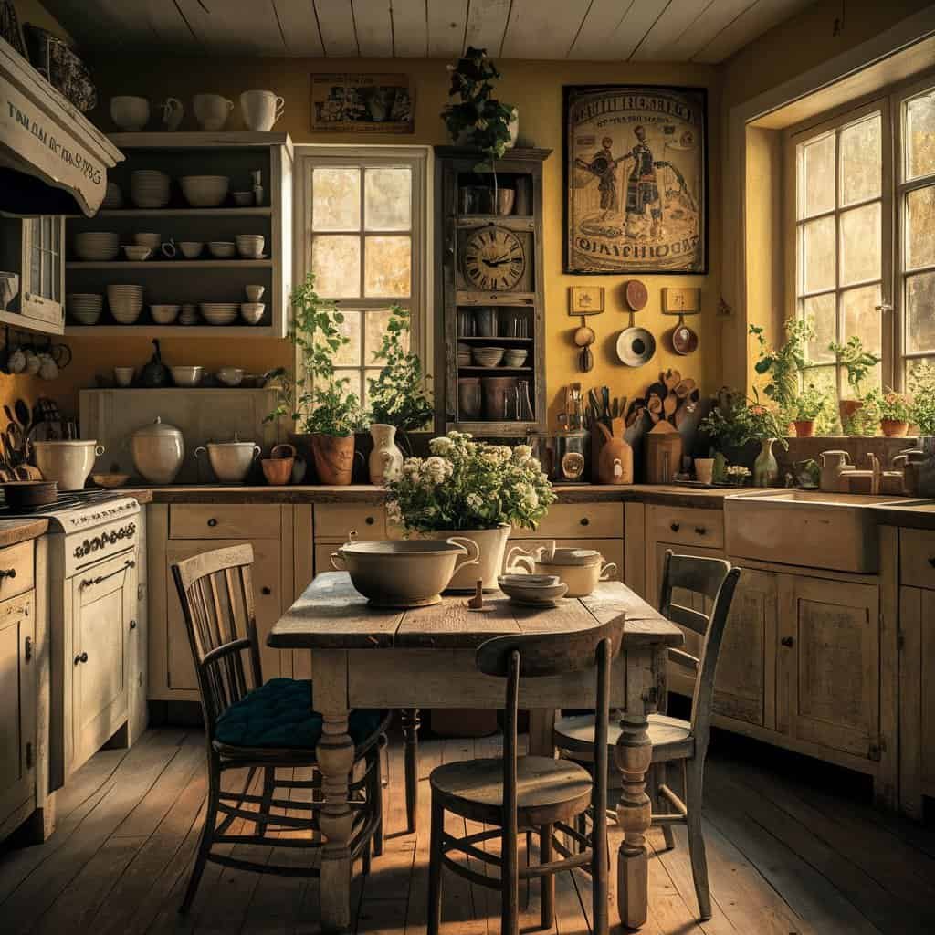 Cozy rustic kitchen with wooden cabinets, a central dining table surrounded by chairs, and abundant natural light streaming through large windows, adorned with plants and pottery.