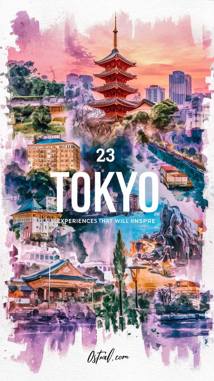 Colorful collage showcasing 23 iconic landmarks and experiences in Tokyo, including traditional temples, modern architecture, and scenic views, highlighting the city's unique blend of culture and innovation.