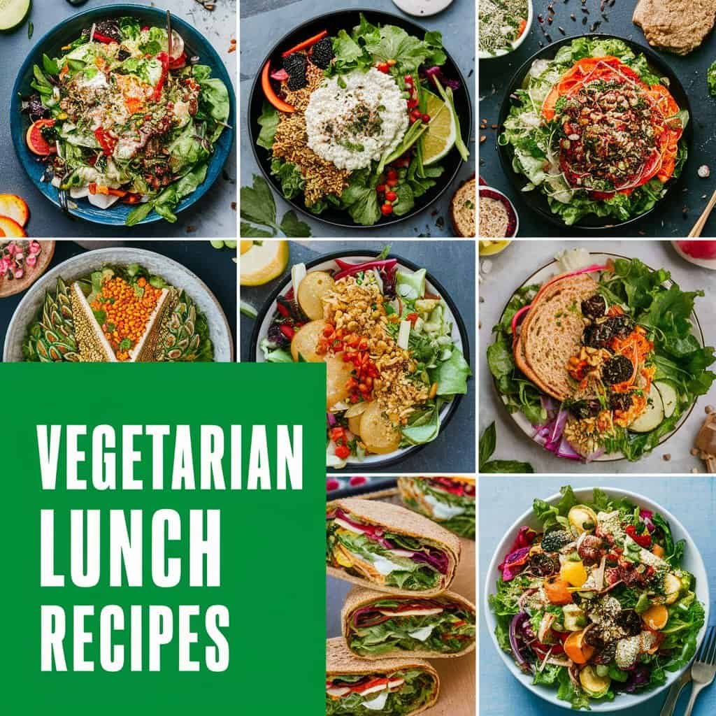 A collage of colorful vegetarian lunch recipes featuring a variety of salads, wraps, and bowls, showcasing fresh ingredients and vibrant presentations.