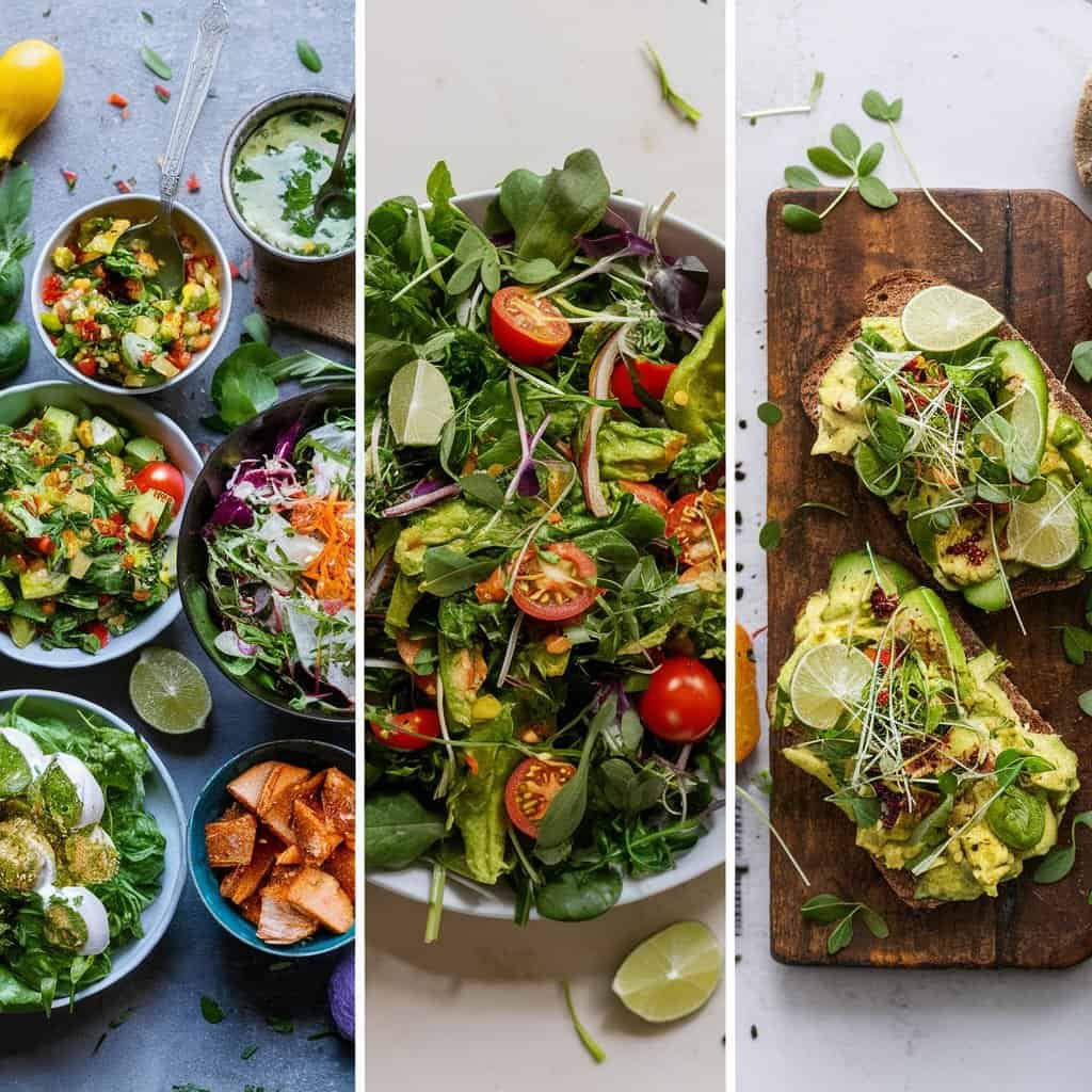 Colorful assortment of fresh salads in bowls, featuring a variety of vegetables, herbs, and garnishes, alongside a wooden board with avocado toast topped with greens. Perfect for healthy eating or meal prep inspiration.