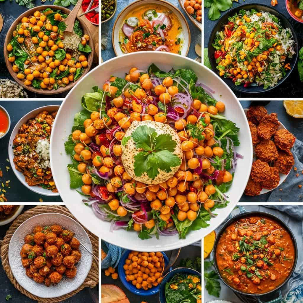 A vibrant assortment of chickpea dishes, featuring a central salad with chickpeas, greens, and herbs, surrounded by various bowls of hummus, spiced chickpeas, and colorful salads, showcasing healthy and flavorful vegetarian cuisine.