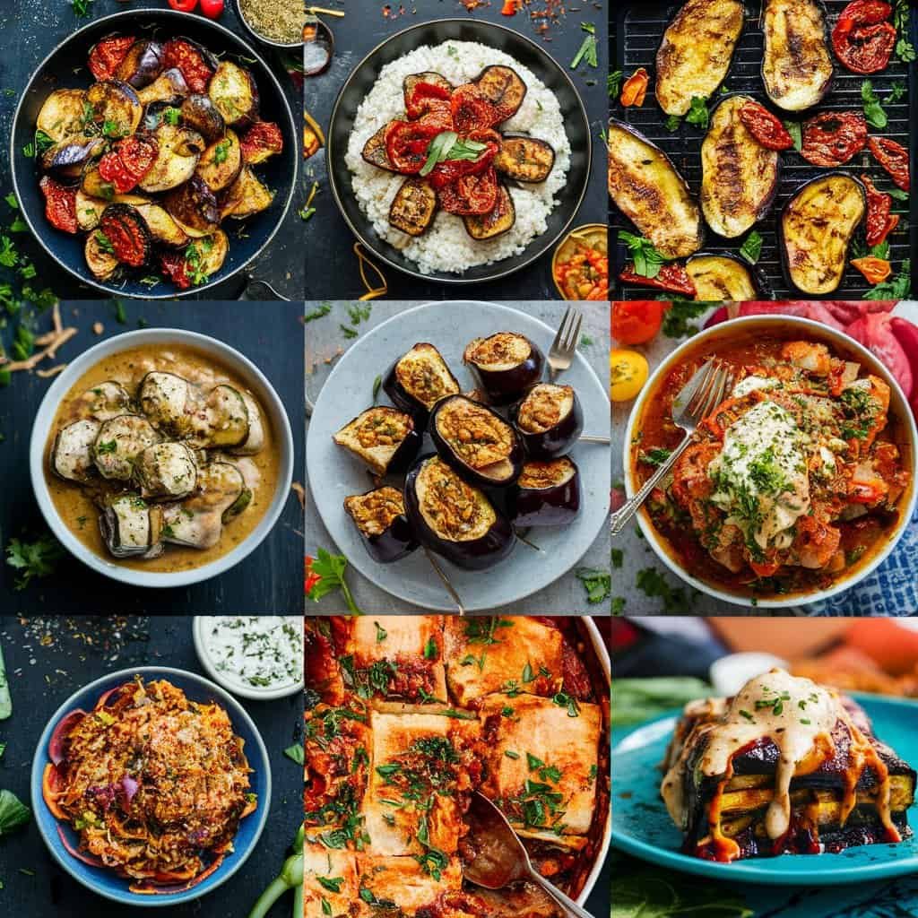 A colorful assortment of delicious dishes displayed in a grid, featuring a variety of cuisines including stuffed peppers, pasta, meatballs, and baked goods, showcasing vibrant ingredients and appealing presentation.