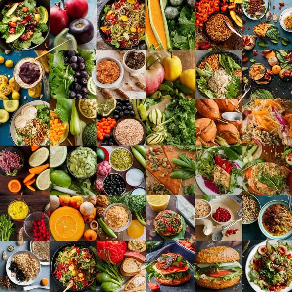 A vibrant assortment of healthy foods, including fresh fruits, vegetables, grains, and various dishes, arranged in a visually appealing collage. This image showcases colorful salads, hearty meals, and a variety of ingredients, emphasizing a nutritious and diverse diet.