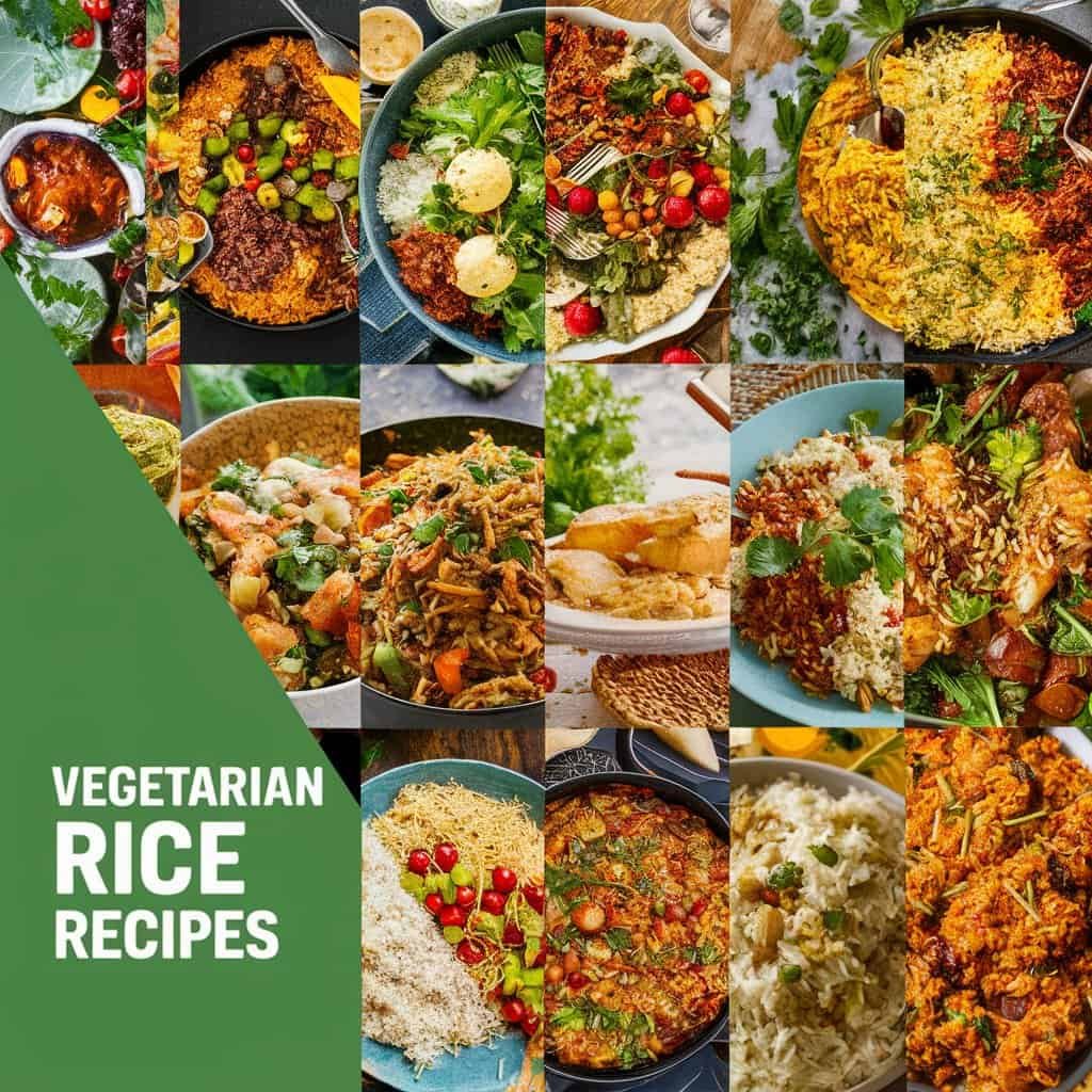 A collage of various delicious vegetarian rice dishes, showcasing colorful ingredients and garnishes, with a title banner reading "Vegetarian Rice Recipes" in the bottom left corner.