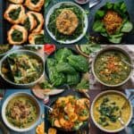 A collage of various spinach dishes including stuffed spinach rolls, spinach salads, creamy spinach soup, and other healthy recipes showcasing the versatility of spinach in meals.