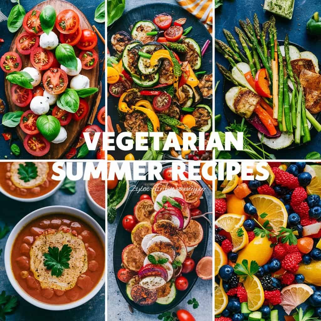 Colorful display of various vegetarian summer recipes, including salads, grilled vegetables, and fresh fruits, showcasing healthy and vibrant meal options for the season.