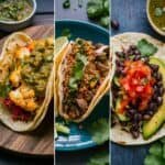 Three colorful tacos on a wooden platter and a blue plate, featuring vibrant fillings such as grilled vegetables, seasoned meat, and fresh toppings like avocado, tomatoes, and cilantro, accompanied by bowls of salsa and green sauce.