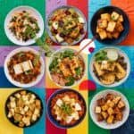 A vibrant assortment of nine colorful dishes arranged in a grid, featuring a variety of ingredients including tofu, vegetables, and sauces, showcasing diverse culinary styles and flavors.