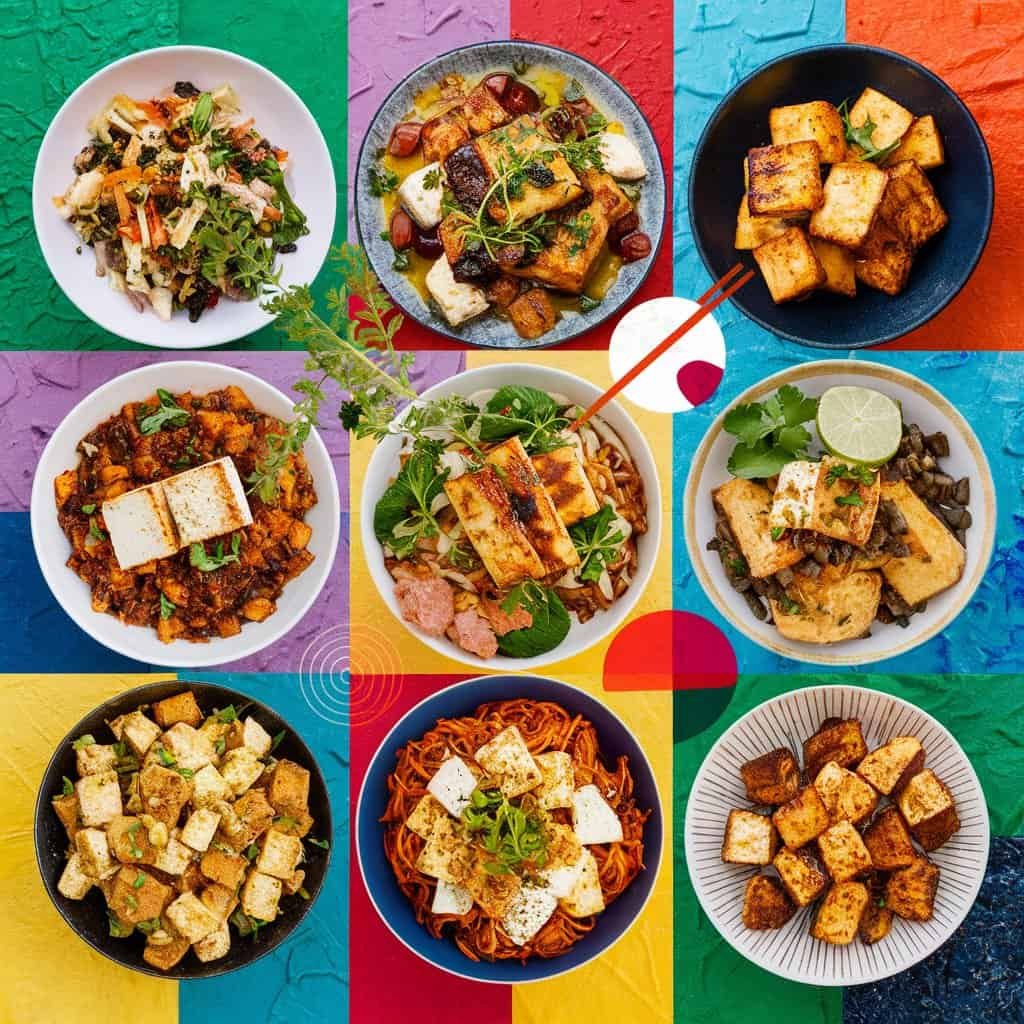 A vibrant assortment of nine colorful dishes arranged in a grid, featuring a variety of ingredients including tofu, vegetables, and sauces, showcasing diverse culinary styles and flavors.