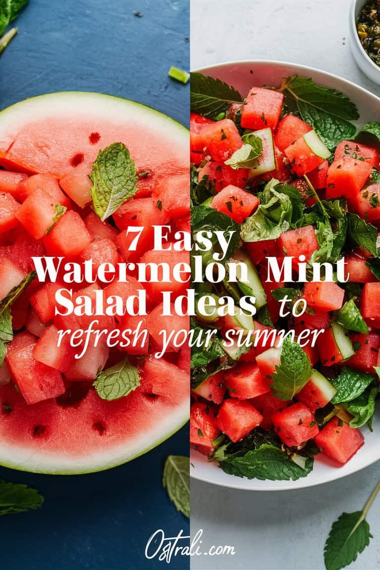 A vibrant image showcasing a refreshing watermelon mint salad, with a split view of a watermelon half and a bowl of mixed watermelon and mint salad. The text overlay promotes "7 Easy Watermelon Mint Salad Ideas to Refresh Your Summer," highlighting summer recipe inspiration.