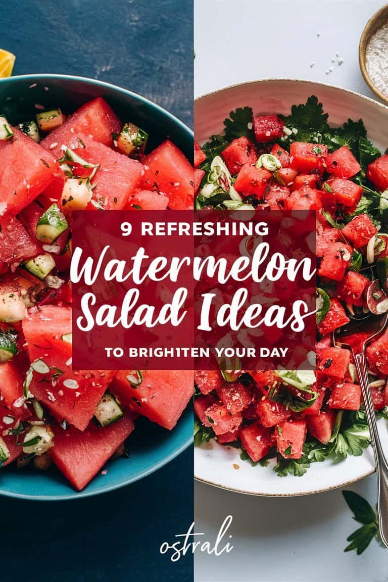 Colorful image showcasing two watermelon salad ideas, featuring fresh watermelon cubes and vibrant greens, with text highlighting "9 Refreshing Watermelon Salad Ideas to Brighten Your Day." Ideal for summer recipes and healthy eating inspiration.