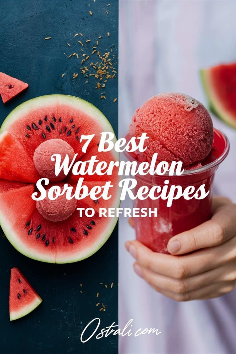 Colorful display of watermelon slices and a scoop of watermelon sorbet in a cup, featuring the text "7 Best Watermelon Sorbet Recipes to Refresh." Ideal for summer dessert ideas.