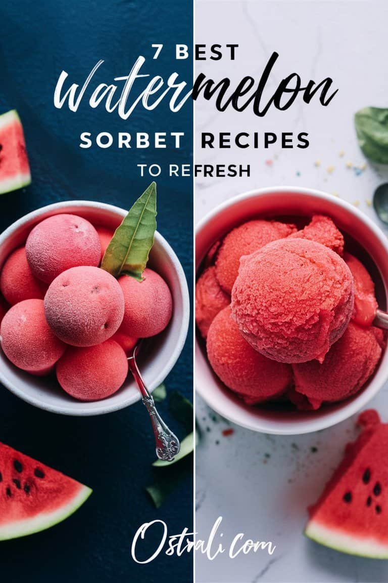 Bowl of vibrant watermelon sorbet with scoops and a slice of watermelon, showcasing refreshing summer dessert recipes.