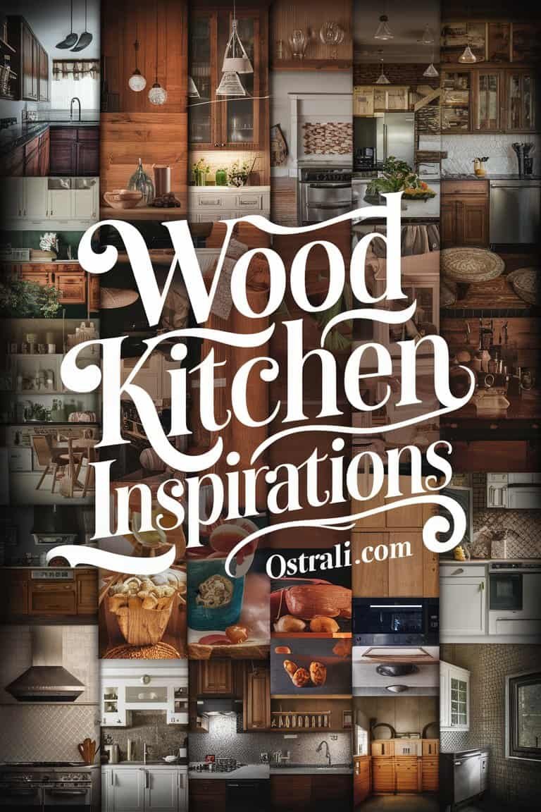 Alt text: A collage of wooden kitchen designs showcasing various styles and inspirations, with the text "Wood Kitchen Inspirations" prominently displayed, promoting creative ideas for wooden kitchen decor on Ostrali.com.