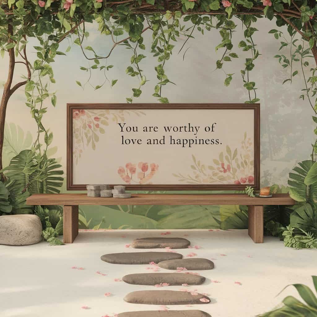 A serene outdoor scene featuring a wooden bench surrounded by lush greenery and decorative plants. A sign on the wall reads a positive affirmation about love and happiness, enhancing the tranquil atmosphere. Ideal for wellness and motivational themes.