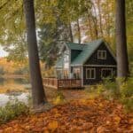 Cozy cabin by a serene lake surrounded by autumn foliage, featuring a wooden deck and vibrant fall colors.