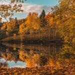 Autumn landscape featuring vibrant orange and yellow foliage reflecting on a calm lake, surrounded by trees and a blue sky with clouds.