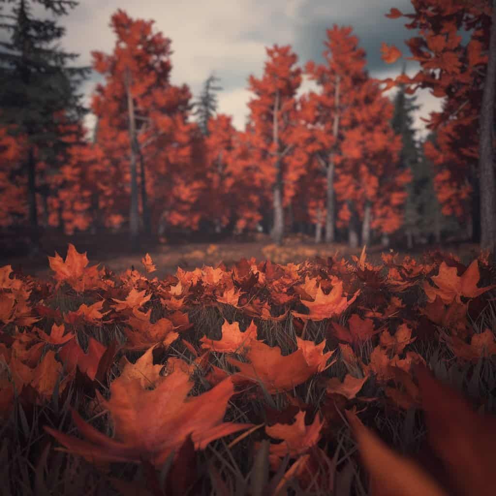 Vibrant autumn landscape featuring a dense forest of orange and red trees, with a carpet of fallen leaves covering the ground, under a cloudy sky.