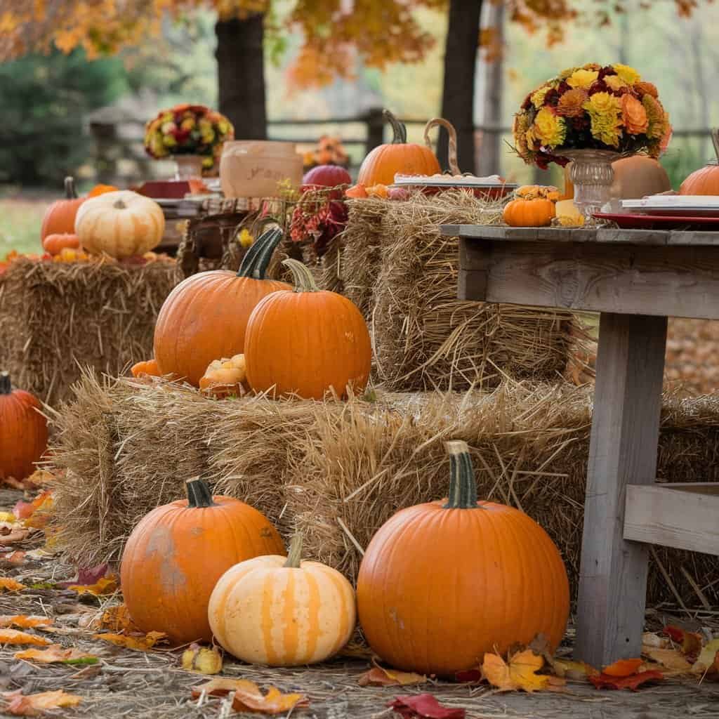 Autumn scene featuring orange and white pumpkins arranged on straw bales, with fall foliage and decorative floral arrangements in the background. Perfect for seasonal celebrations and harvest-themed decor.