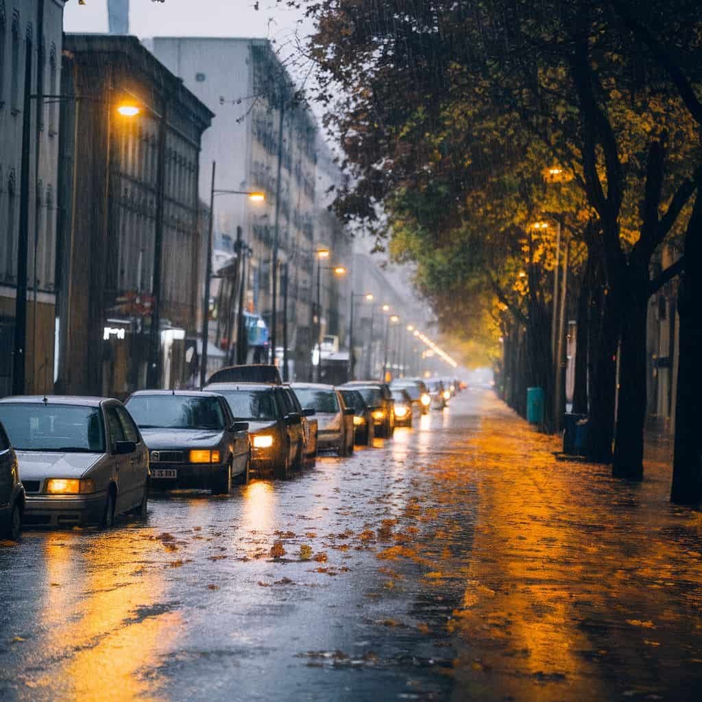 Rainy city street with parked cars and glowing streetlights, reflecting on wet pavement under overcast skies.