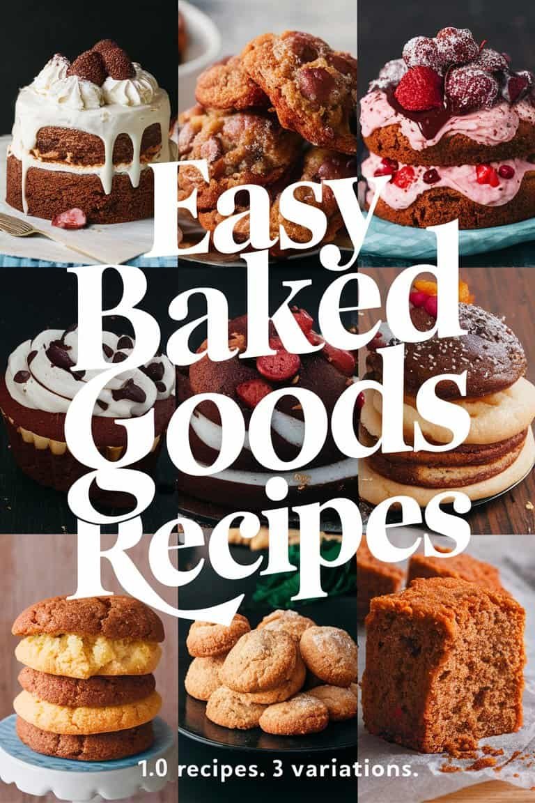 A collage of delicious baked goods including cakes, cookies, and pastries, featuring the text "Easy Baked Goods Recipes" prominently displayed.