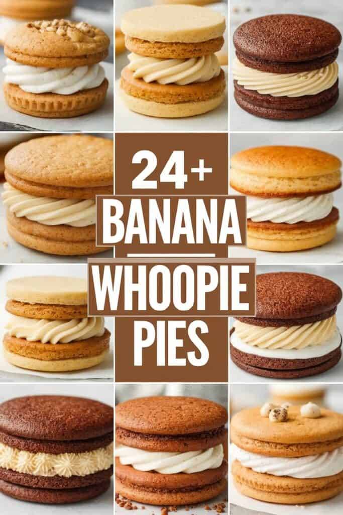 A collage of over 24 delicious banana whoopie pies, featuring various flavors and fillings, showcasing their soft cookie texture and creamy frosting between them.