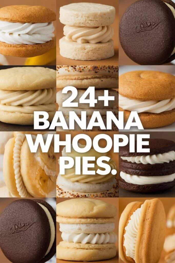A collage of over 24 banana whoopie pies featuring various flavors and styles, showcasing different cookie textures and creamy fillings, perfect for dessert lovers and baking enthusiasts.