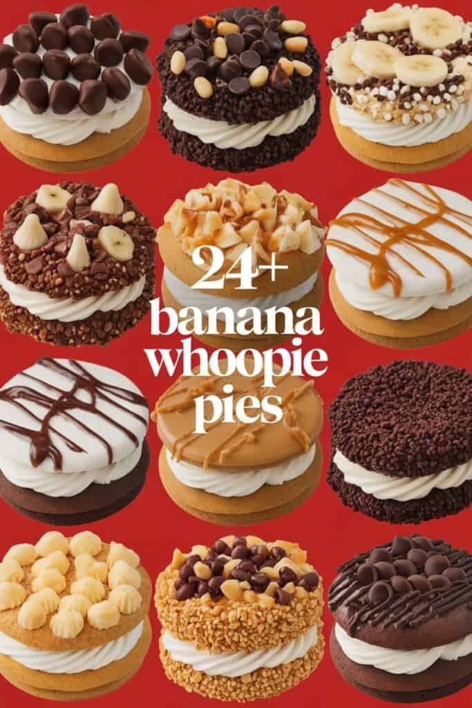 A colorful assortment of over 24 banana whoopie pies featuring various toppings including chocolate chips, nuts, and drizzled caramel, set against a vibrant red background.