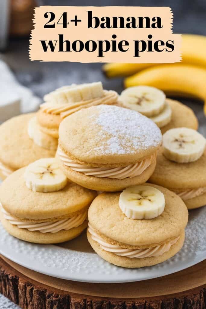 A plate of banana whoopie pies topped with banana slices, featuring creamy filling and dusted with powdered sugar, with additional bananas in the background.